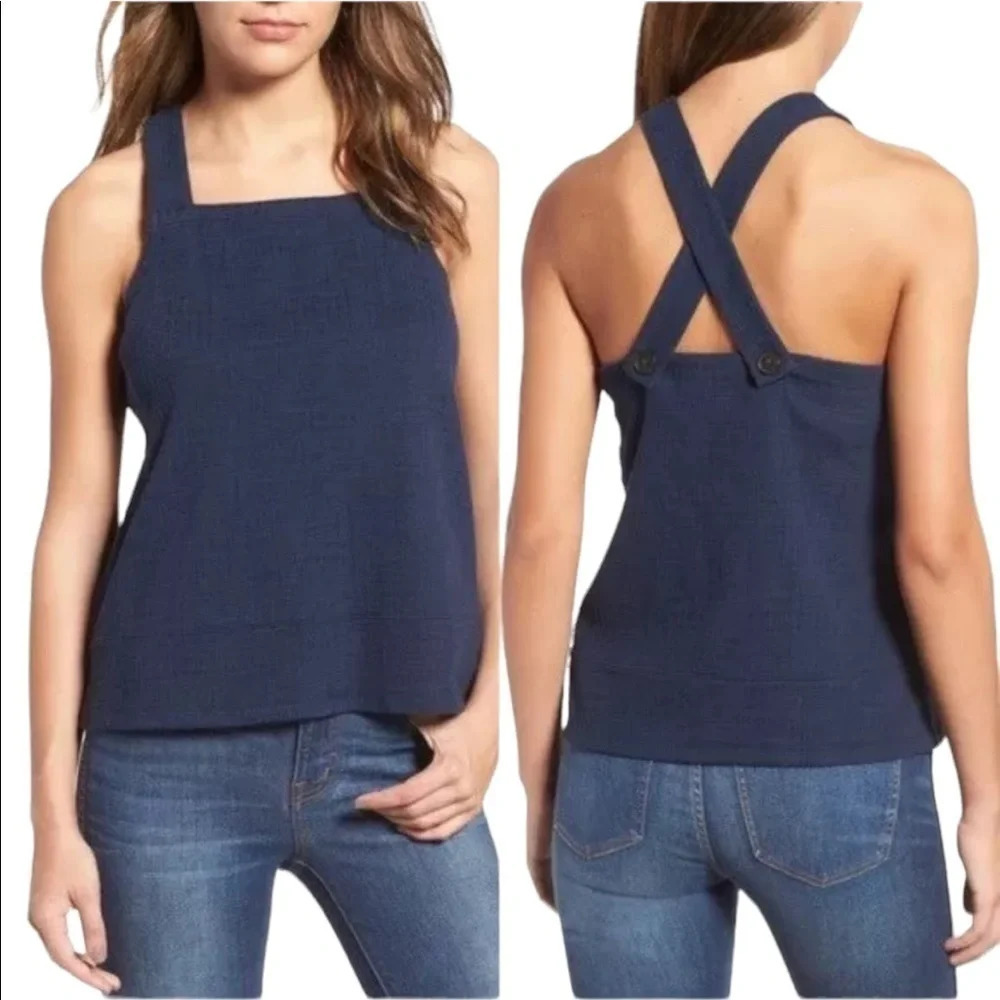𝅺NWT MADEWELL Womens Size XXS Blue Apron Cross Back Tank Top Button Sleeveless